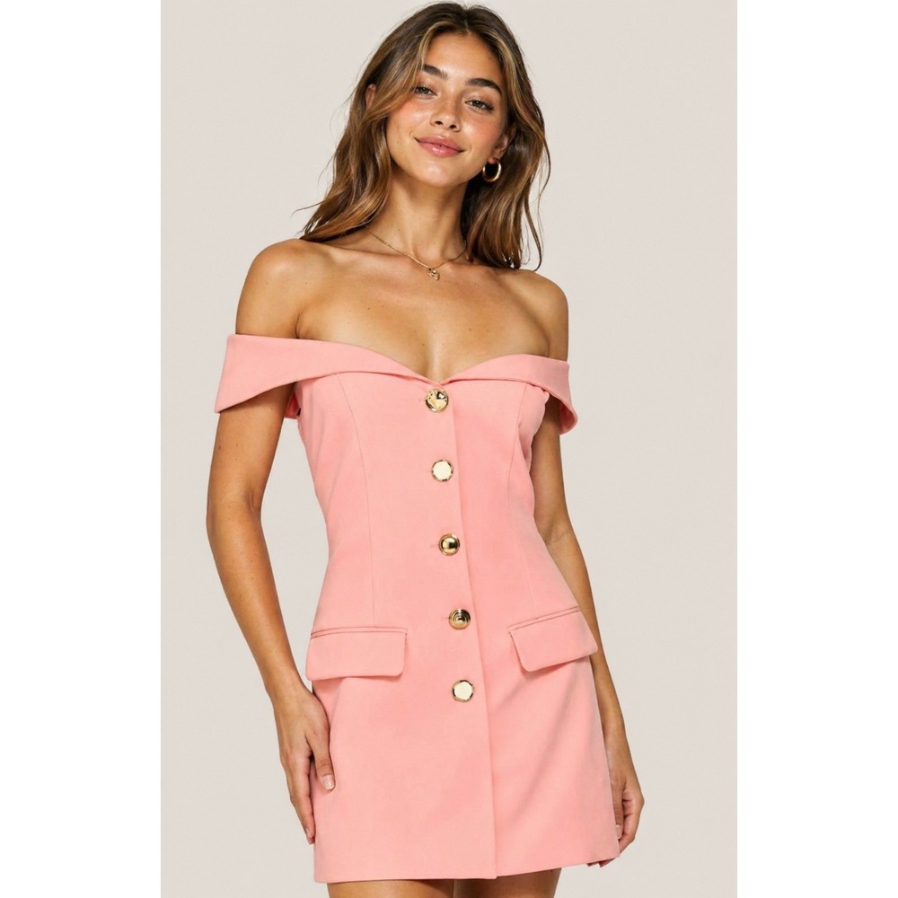 Line & Dot Peach Blush Off Shoulder Mini Dress Gold Button Cocktail‎ NWT - S